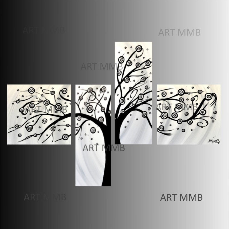 4 Quadri moderni astratti ALBERO-1 BIANCO E NERO - Art MMB di